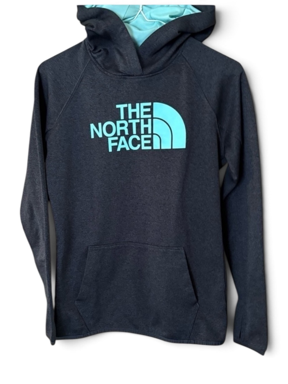 The North Face Logo Black and Teal Pullover Hoodie Sweatshirt